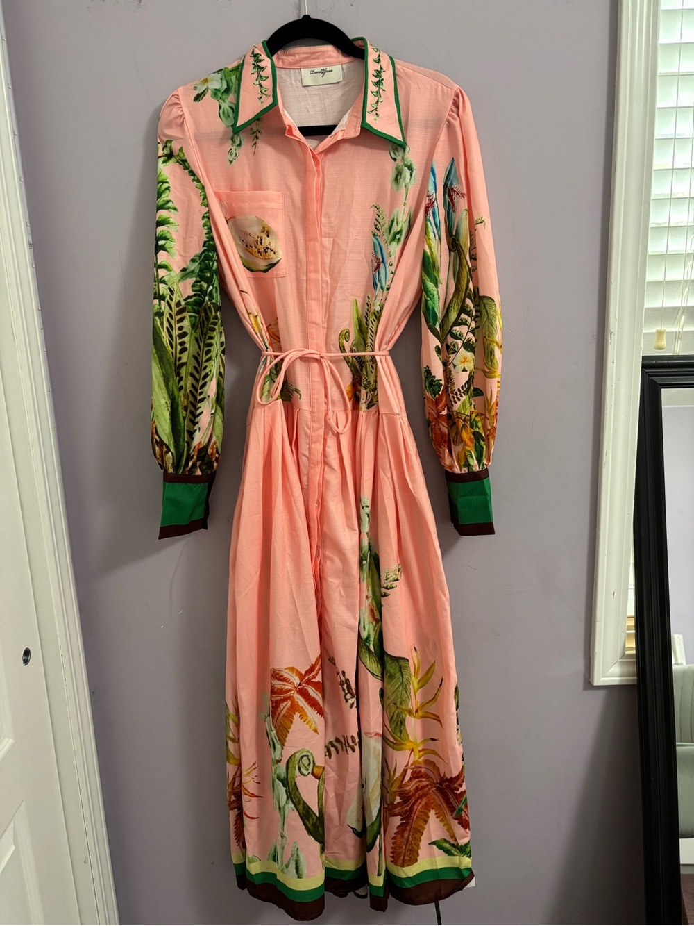 Pink Botanical-Print Button Midi Dress with Tie Waist